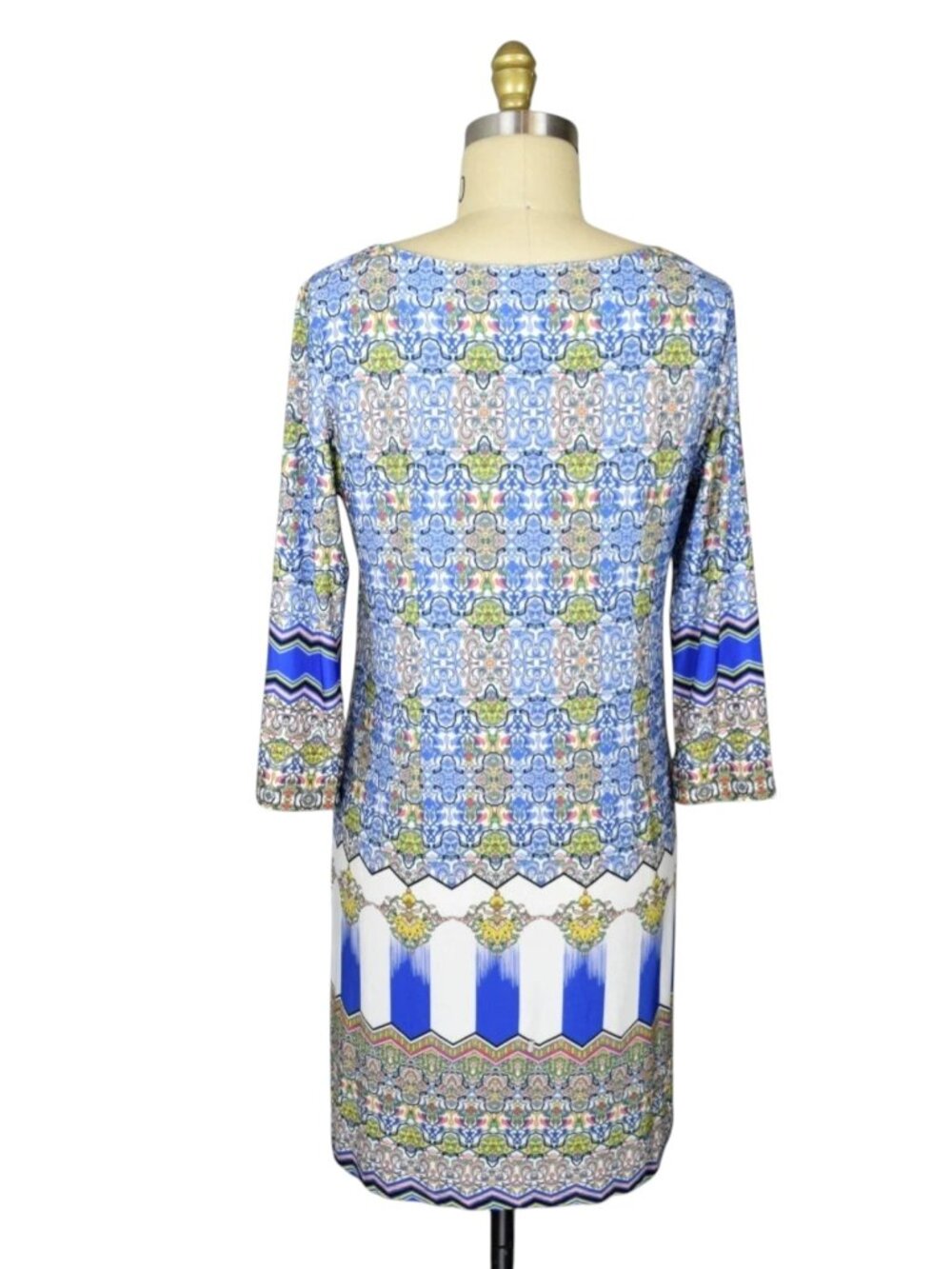 ISLE BY MELIS KOZAN GEOMETRIC PRINT BLUE WHITE 3/4 SLEEVE DRESS - Picture 6 of 8